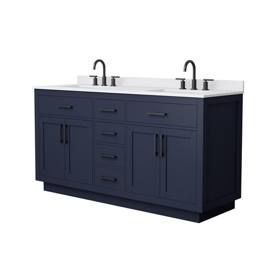 Wyndham Collection Beckett TK 66" Double Bathroom Vanity With Toe Kick in Dark Blue, White Cultured Marble Countertop, Undermount Square Sinks (3-Hole), Matte Black Trim