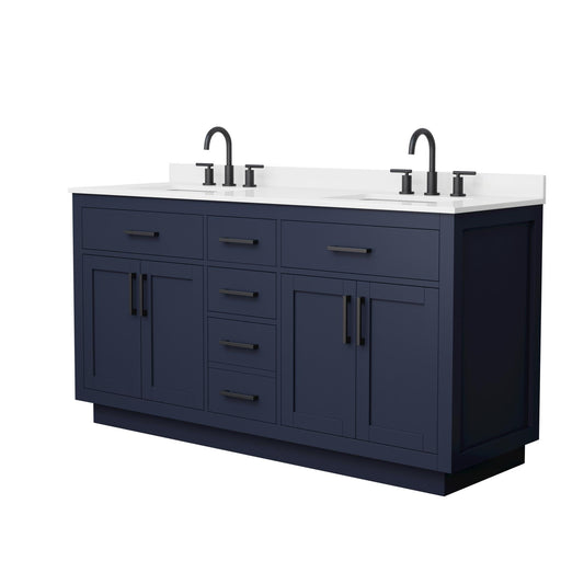 Wyndham Collection Beckett TK 66" Double Bathroom Vanity With Toe Kick in Dark Blue, White Quartz Countertop, Undermount Square Sinks (3-Hole), Matte Black Trim