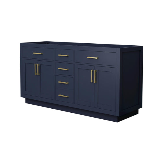Wyndham Collection Beckett TK 66" Double Bathroom Vanity With Toe Kick in Dark Blue, No Countertop, No Sinks, Brushed Gold Trim