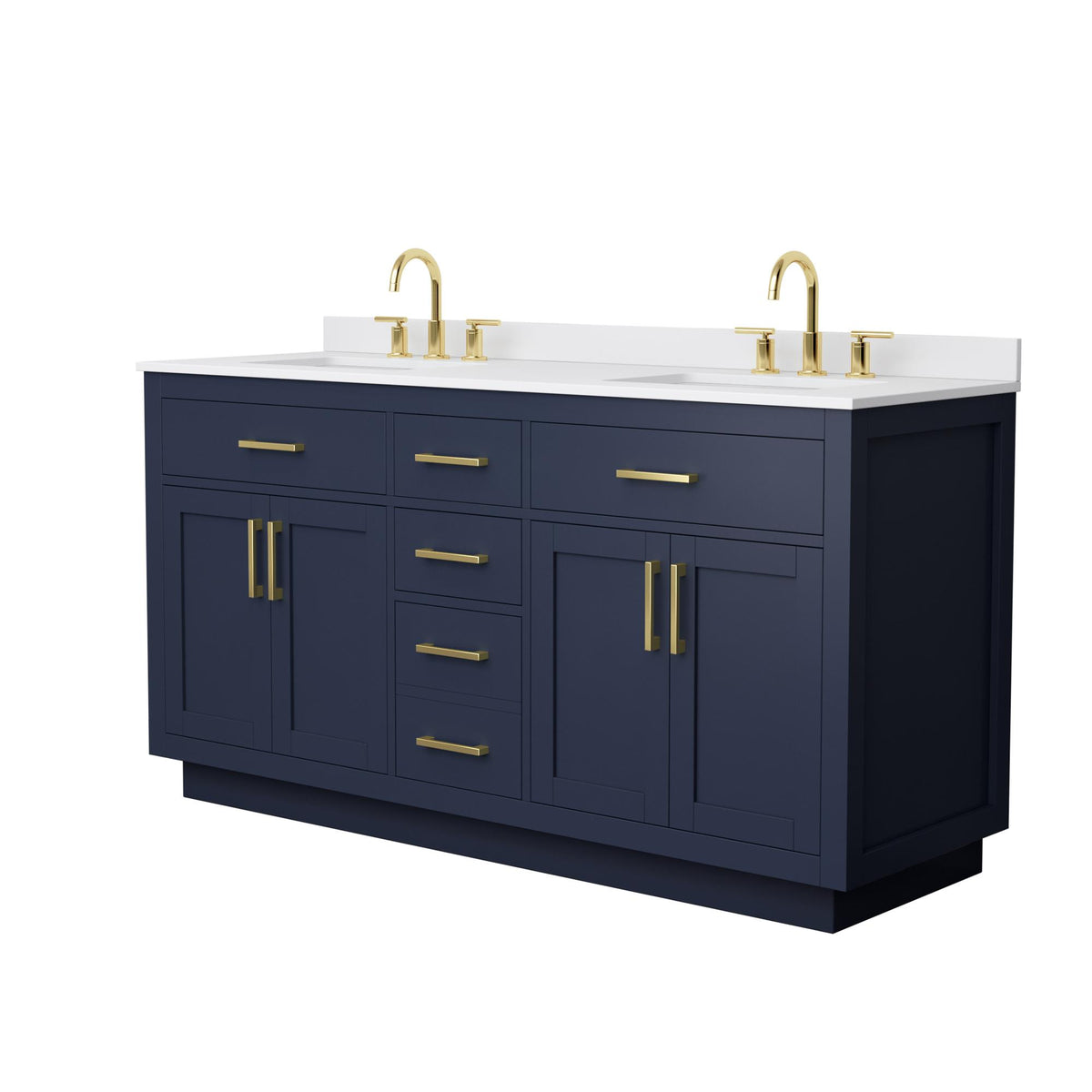 Wyndham Collection Beckett TK 66" Double Bathroom Vanity With Toe Kick in Dark Blue, White Cultured Marble Countertop, Undermount Square Sinks (3-Hole), Brushed Gold Trim