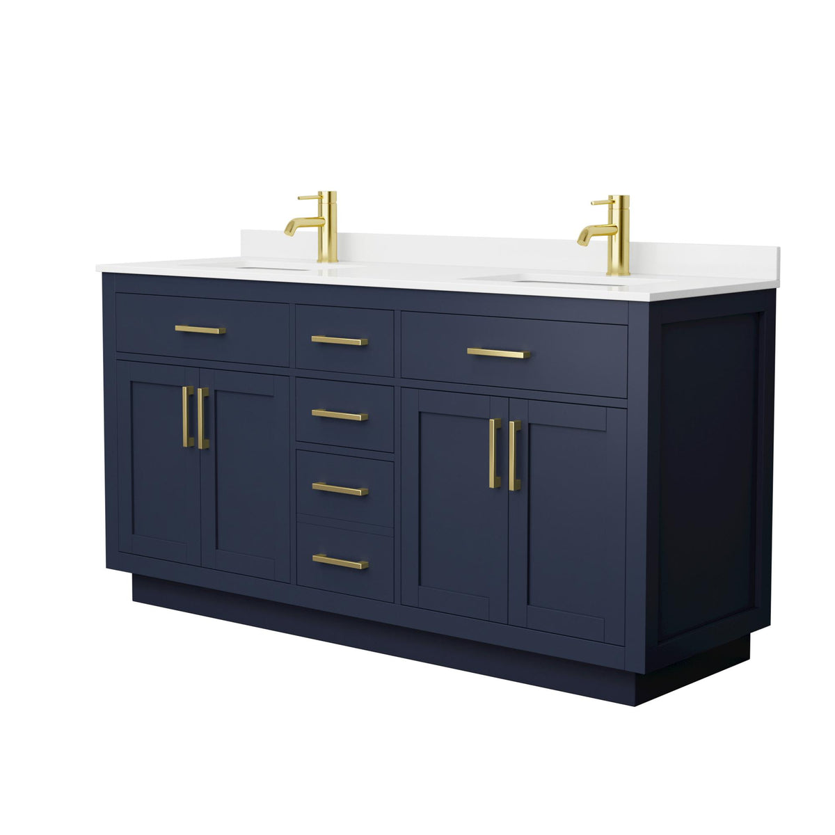 Wyndham Collection Beckett TK 66" Double Bathroom Vanity With Toe Kick in Dark Blue, White Quartz Countertop, Undermount Square Sinks (1-Hole), Brushed Gold Trim