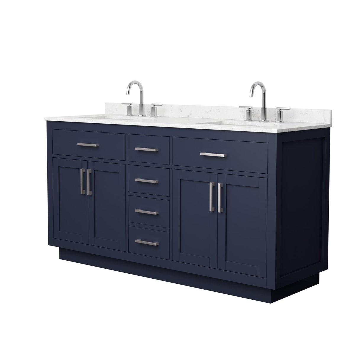 Wyndham Collection Beckett TK 66" Double Bathroom Vanity With Toe Kick in Dark Blue, Carrara Cultured Marble Countertop, Undermount Square Sinks (3-Hole), Brushed Nickel Trim