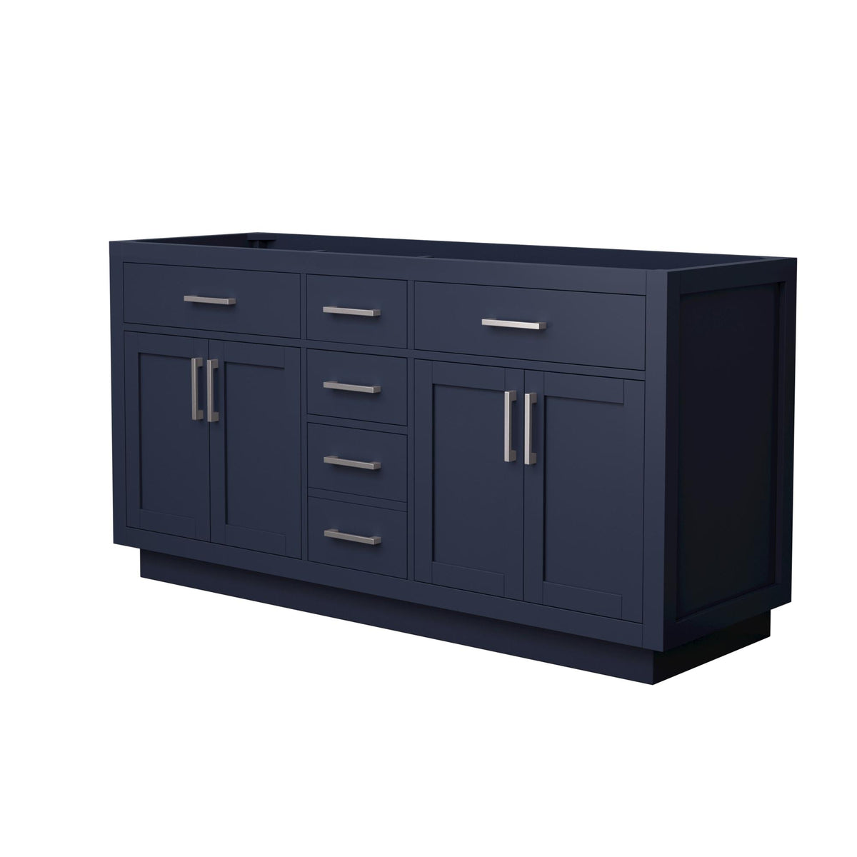 Wyndham Collection Beckett TK 66" Double Bathroom Vanity With Toe Kick in Dark Blue, No Countertop, No Sinks, Brushed Nickel Trim