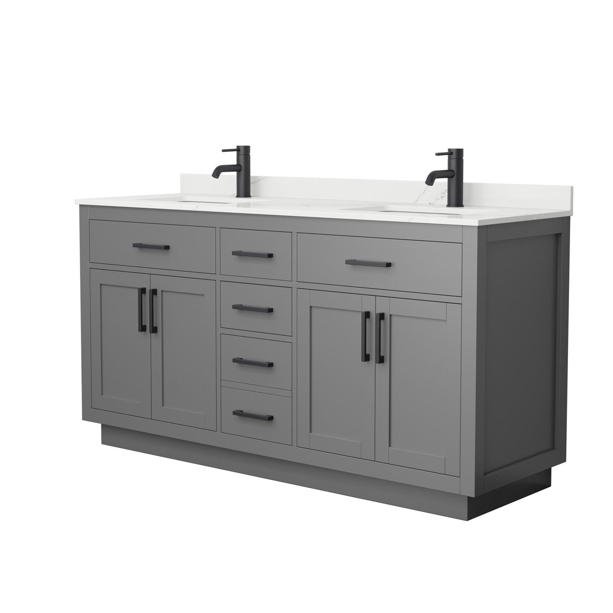 Wyndham Collection Beckett TK 66" Double Bathroom Vanity With Toe Kick in Dark Gray, Giotto Quartz Countertop, Undermount Square Sinks (1-Hole), Matte Black Trim