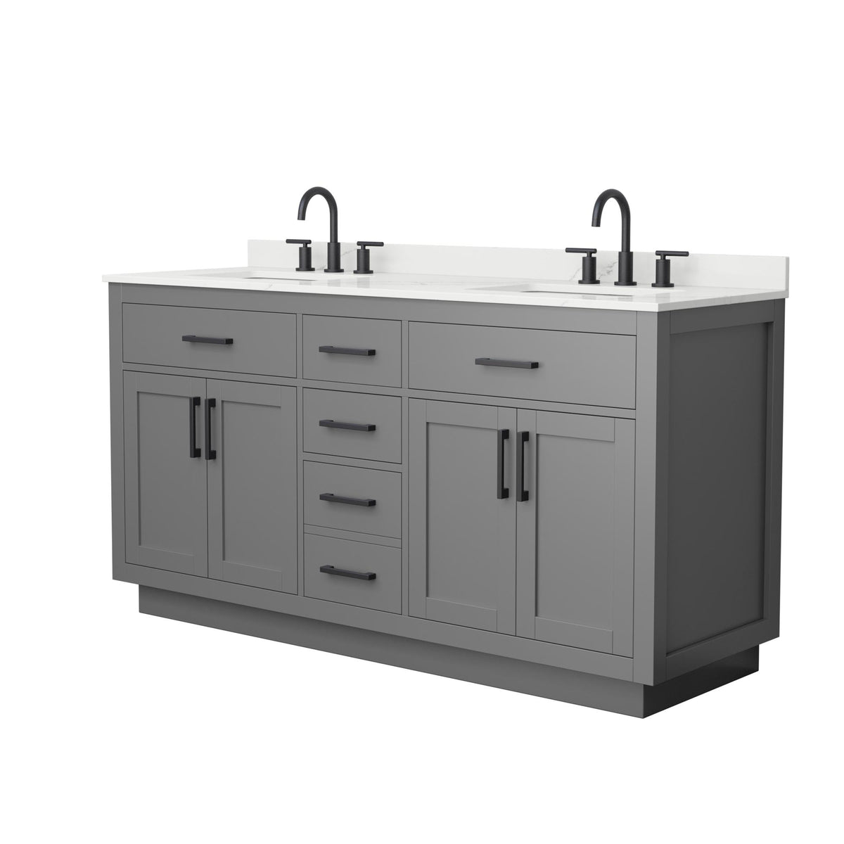 Wyndham Collection Beckett TK 66" Double Bathroom Vanity With Toe Kick in Dark Gray, Giotto Quartz Countertop, Undermount Square Sinks (3-Hole), Matte Black Trim