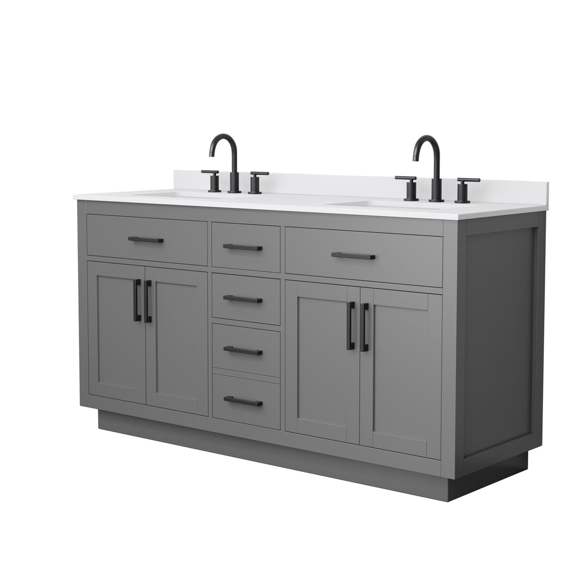 Wyndham Collection Beckett TK 66" Double Bathroom Vanity With Toe Kick in Dark Gray, White Cultured Marble Countertop, Undermount Square Sinks (3-Hole), Matte Black Trim