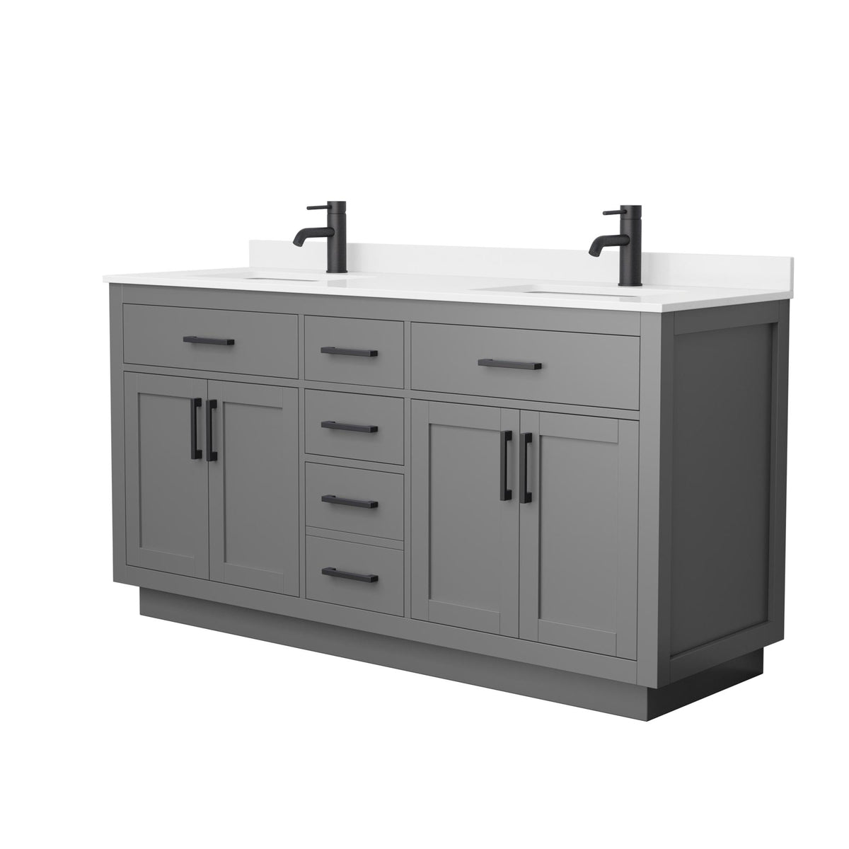 Wyndham Collection Beckett TK 66" Double Bathroom Vanity With Toe Kick in Dark Gray, White Quartz Countertop, Undermount Square Sinks (1-Hole), Matte Black Trim