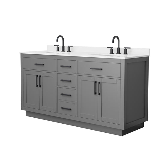 Wyndham Collection Beckett TK 66" Double Bathroom Vanity With Toe Kick in Dark Gray, White Quartz Countertop, Undermount Square Sinks (3-Hole), Matte Black Trim