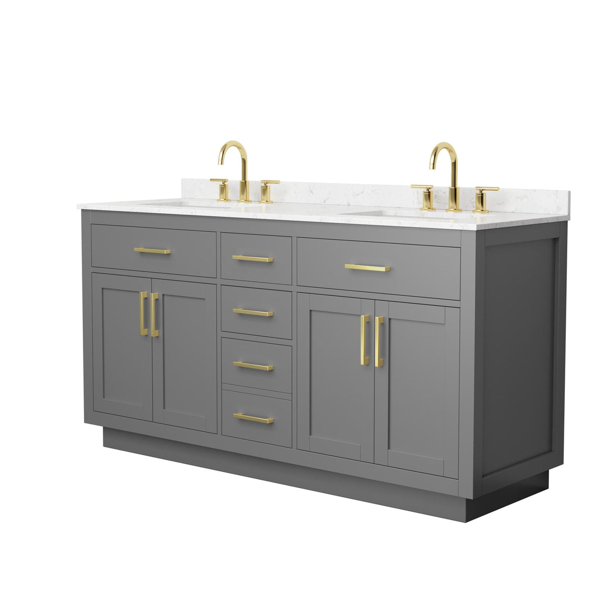 Wyndham Collection Beckett TK 66" Double Bathroom Vanity With Toe Kick in Dark Gray, Carrara Cultured Marble Countertop, Undermount Square Sinks (3-Hole), Brushed Gold Trim