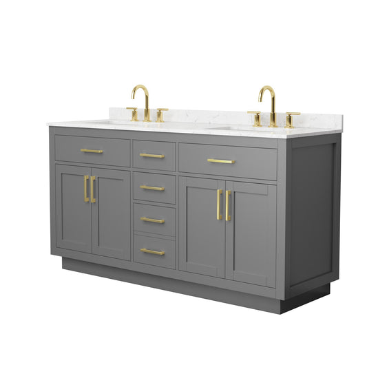Wyndham Collection Beckett TK 66" Double Bathroom Vanity With Toe Kick in Dark Gray, Carrara Cultured Marble Countertop, Undermount Square Sinks (3-Hole), Brushed Gold Trim