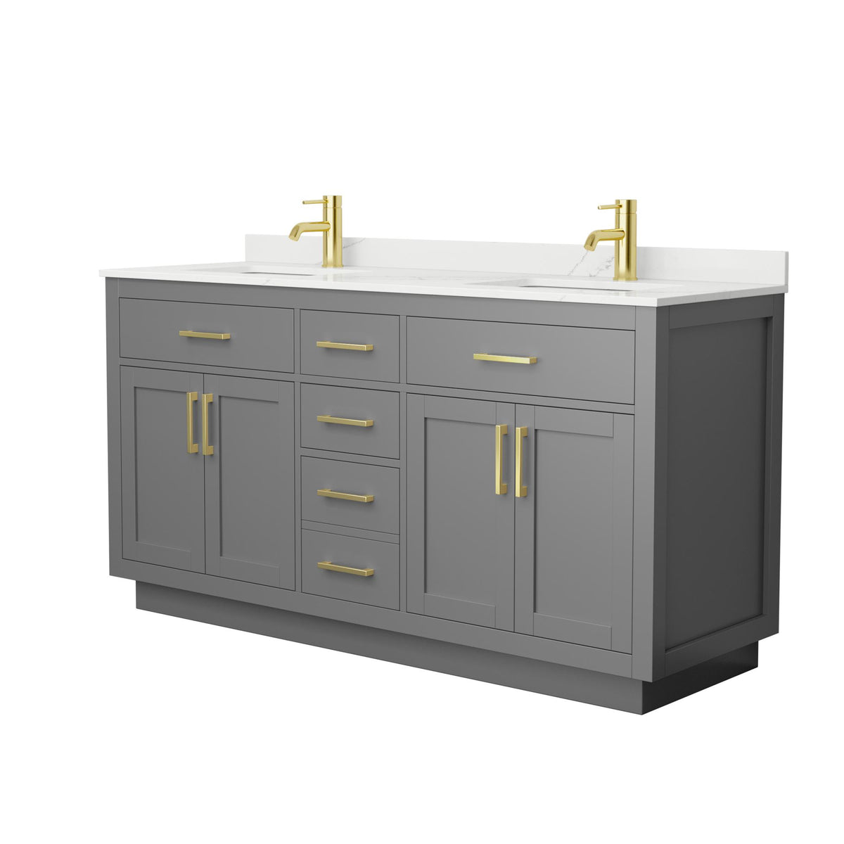 Wyndham Collection Beckett TK 66" Double Bathroom Vanity With Toe Kick in Dark Gray, Giotto Quartz Countertop, Undermount Square Sinks (1-Hole), Brushed Gold Trim