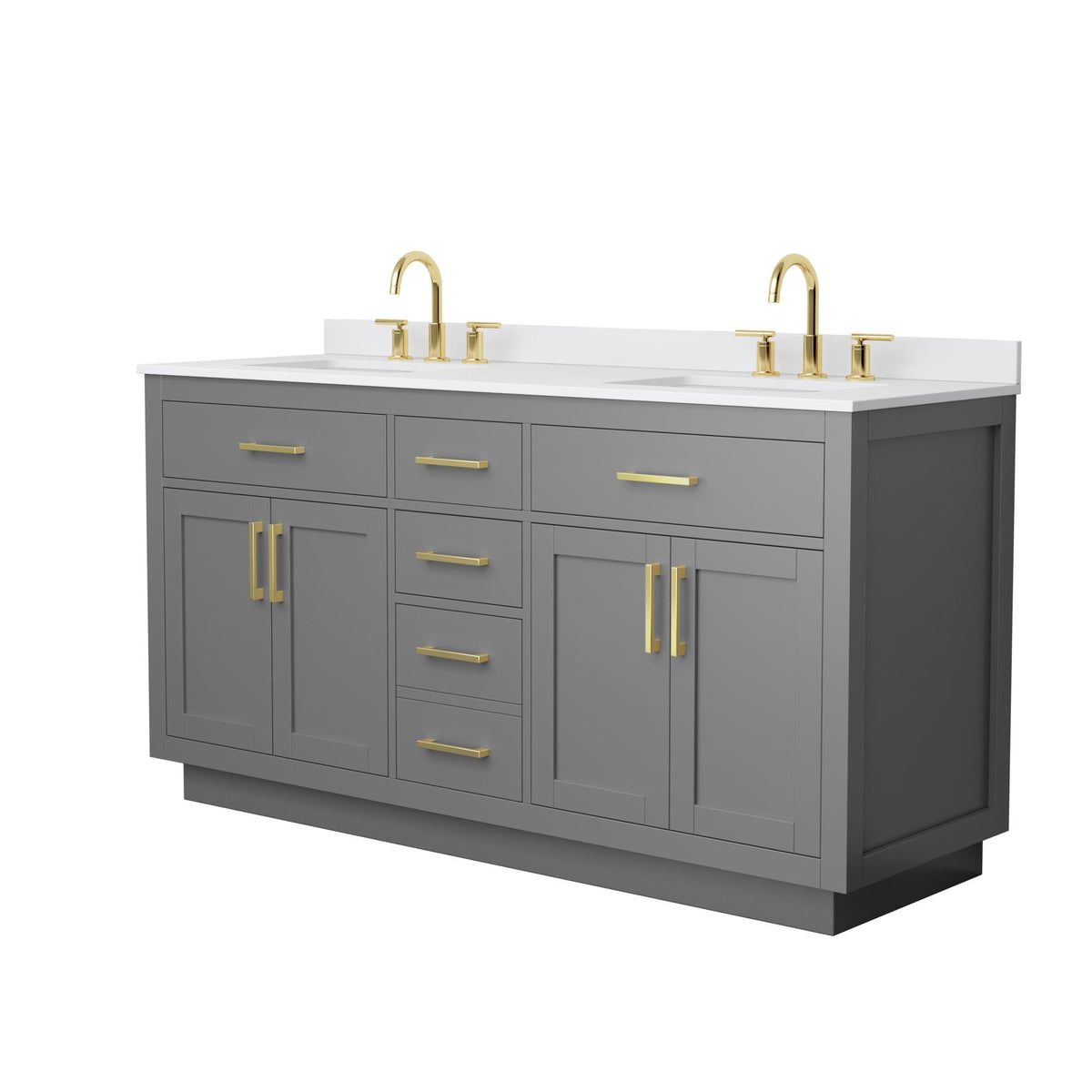 Wyndham Collection Beckett TK 66" Double Bathroom Vanity With Toe Kick in Dark Gray, White Cultured Marble Countertop, Undermount Square Sinks (3-Hole), Brushed Gold Trim