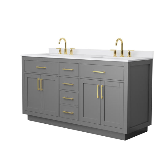 Wyndham Collection Beckett TK 66" Double Bathroom Vanity With Toe Kick in Dark Gray, White Cultured Marble Countertop, Undermount Square Sinks (3-Hole), Brushed Gold Trim