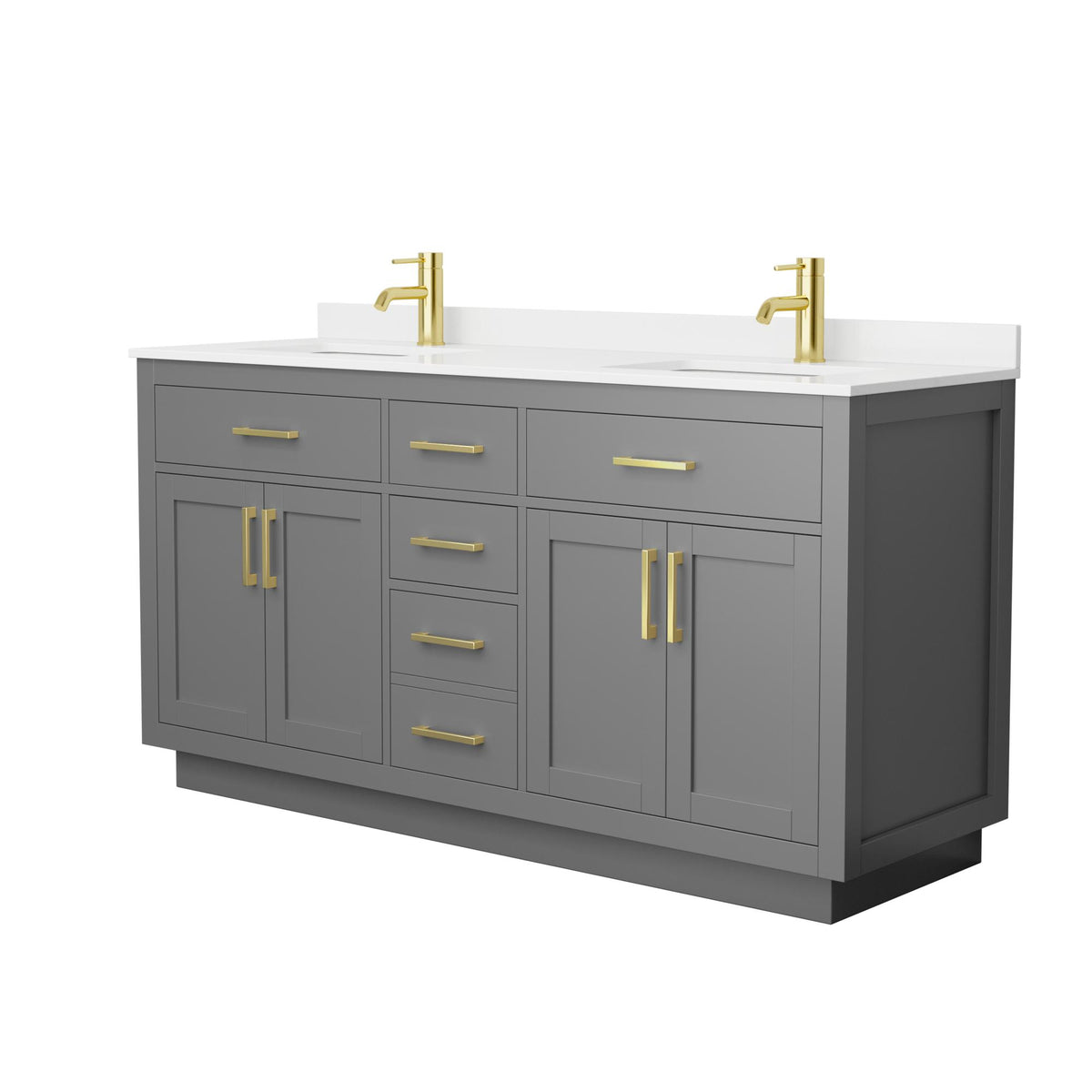 Wyndham Collection Beckett TK 66" Double Bathroom Vanity With Toe Kick in Dark Gray, White Quartz Countertop, Undermount Square Sinks (1-Hole), Brushed Gold Trim