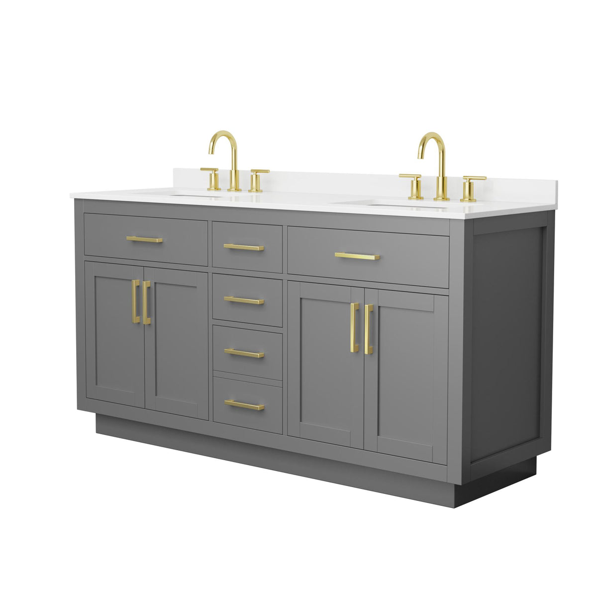 Wyndham Collection Beckett TK 66" Double Bathroom Vanity With Toe Kick in Dark Gray, White Quartz Countertop, Undermount Square Sinks (3-Hole), Brushed Gold Trim