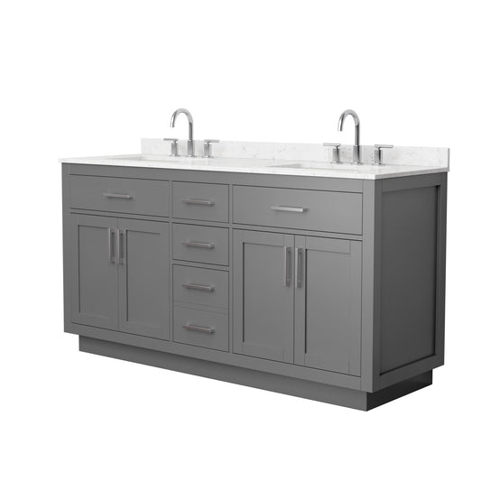 Wyndham Collection Beckett TK 66" Double Bathroom Vanity With Toe Kick in Dark Gray, Carrara Cultured Marble Countertop, Undermount Square Sinks (3-Hole), Brushed Nickel Trim