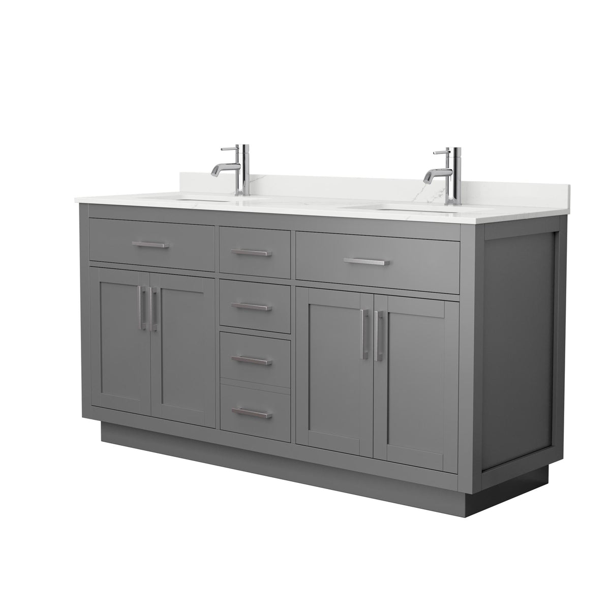 Wyndham Collection Beckett TK 66" Double Bathroom Vanity With Toe Kick in Dark Gray, Giotto Quartz Countertop, Undermount Square Sinks (1-Hole), Brushed Nickel Trim