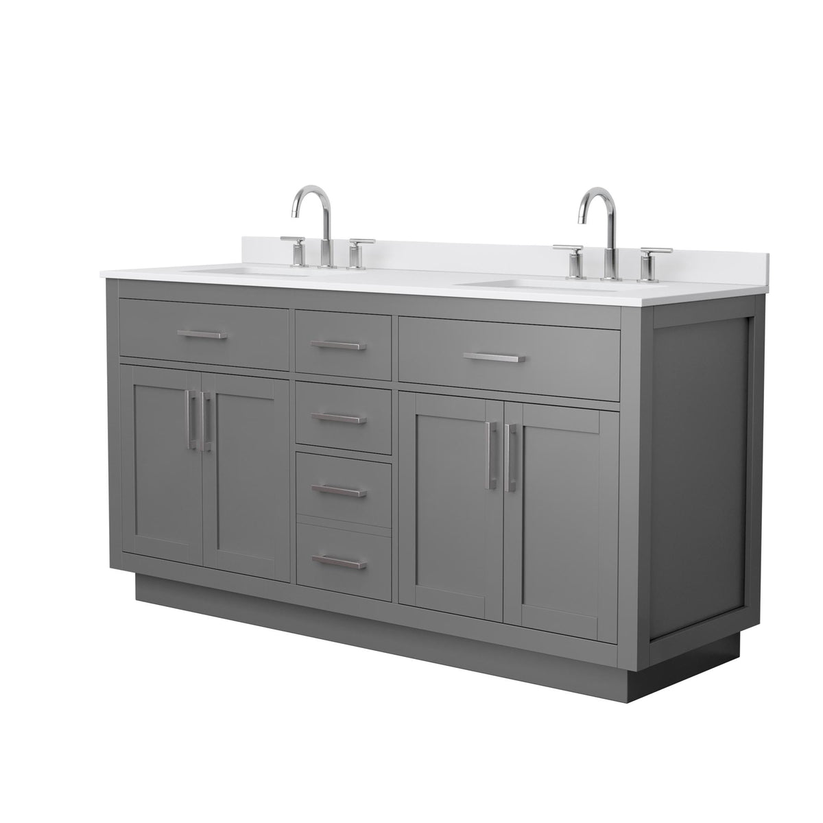Wyndham Collection Beckett TK 66" Double Bathroom Vanity With Toe Kick in Dark Gray, White Cultured Marble Countertop, Undermount Square Sinks (3-Hole), Brushed Nickel Trim