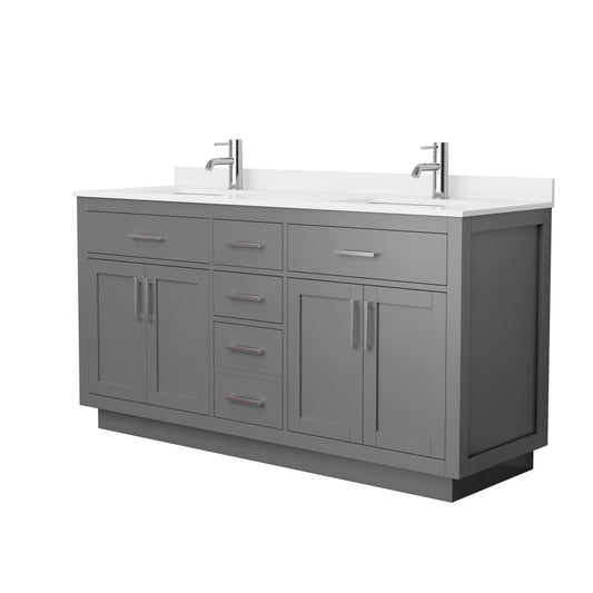 Wyndham Collection Beckett TK 66" Double Bathroom Vanity With Toe Kick in Dark Gray, White Quartz Countertop, Undermount Square Sinks (1-Hole), Brushed Nickel Trim