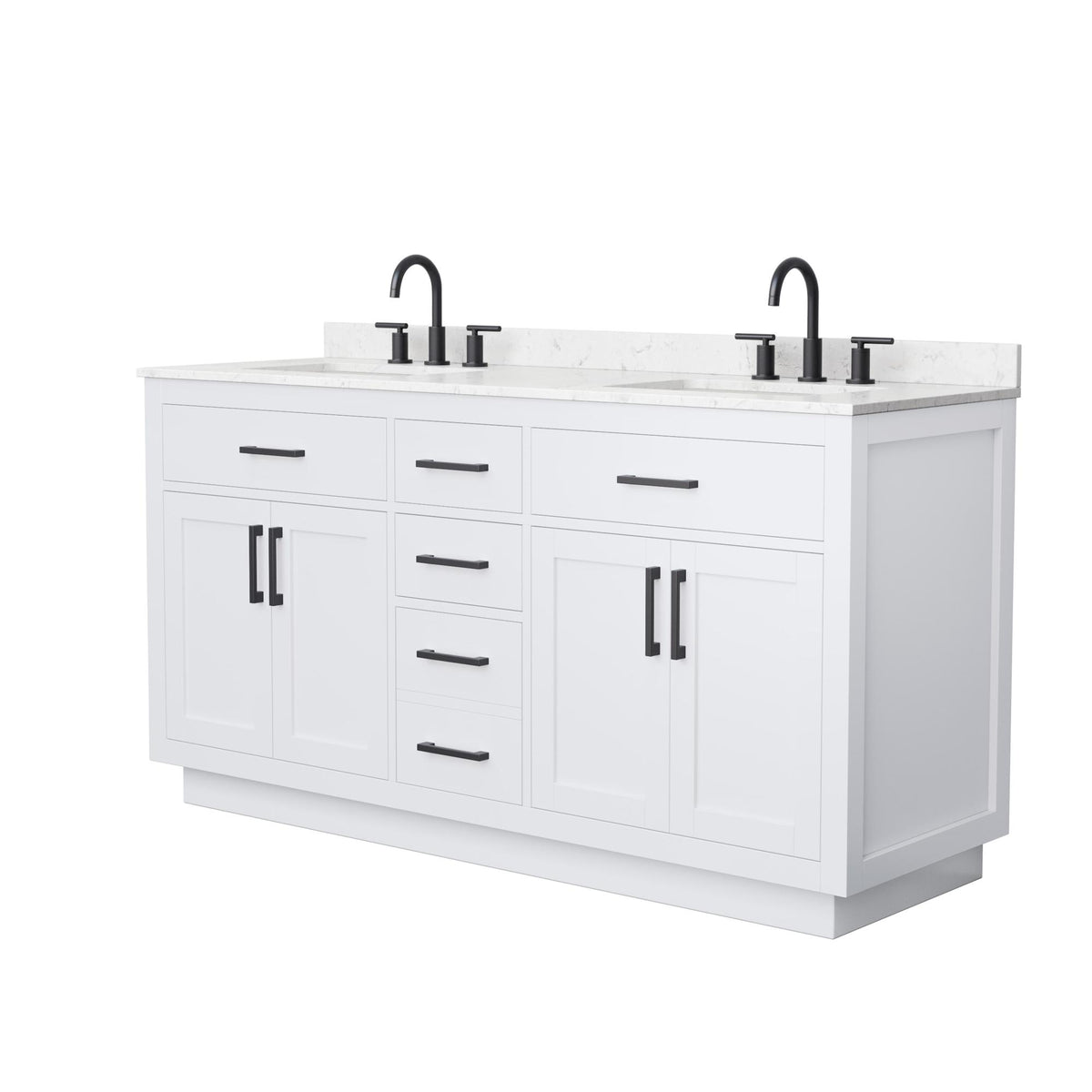 Wyndham Collection Beckett TK 66" Double Bathroom Vanity With Toe Kick in White, Carrara Cultured Marble Countertop, Undermount Square Sinks (3-Hole), Matte Black Trim