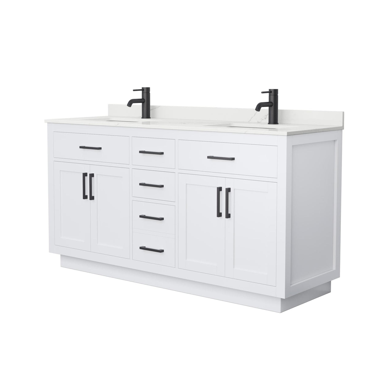 Wyndham Collection Beckett TK 66" Double Bathroom Vanity With Toe Kick in White, Giotto Quartz Countertop, Undermount Square Sinks (1-Hole), Matte Black Trim
