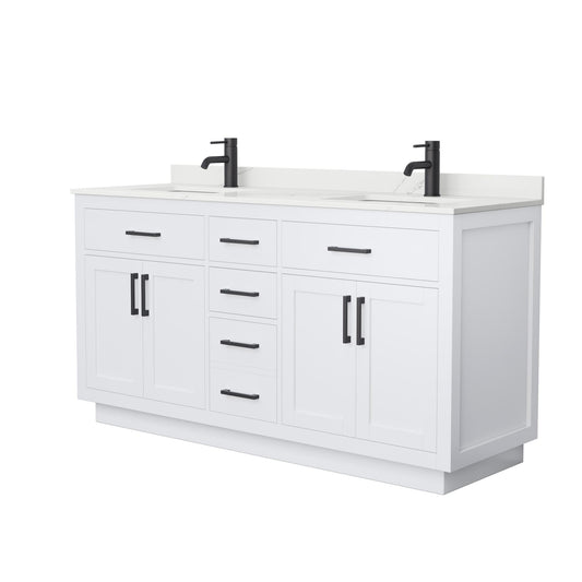 Wyndham Collection Beckett TK 66" Double Bathroom Vanity With Toe Kick in White, Giotto Quartz Countertop, Undermount Square Sinks (1-Hole), Matte Black Trim