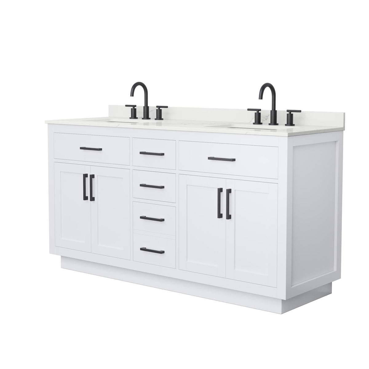 Wyndham Collection Beckett TK 66" Double Bathroom Vanity With Toe Kick in White, Giotto Quartz Countertop, Undermount Square Sinks (3-Hole), Matte Black Trim