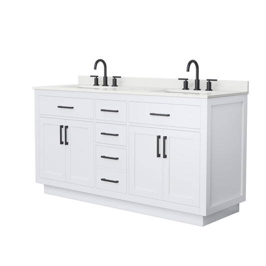 Wyndham Collection Beckett TK 66" Double Bathroom Vanity With Toe Kick in White, Giotto Quartz Countertop, Undermount Square Sinks (3-Hole), Matte Black Trim