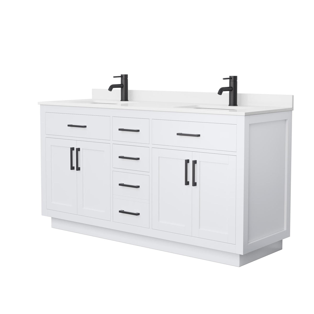 Wyndham Collection Beckett TK 66" Double Bathroom Vanity With Toe Kick in White, White Quartz Countertop, Undermount Square Sinks (1-Hole), Matte Black Trim