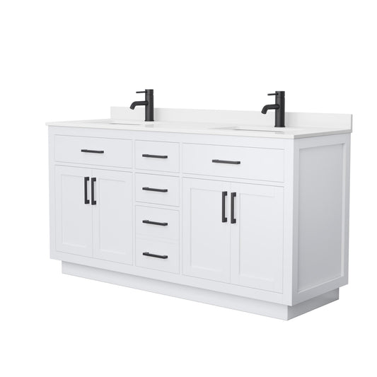 Wyndham Collection Beckett TK 66" Double Bathroom Vanity With Toe Kick in White, White Quartz Countertop, Undermount Square Sinks (1-Hole), Matte Black Trim