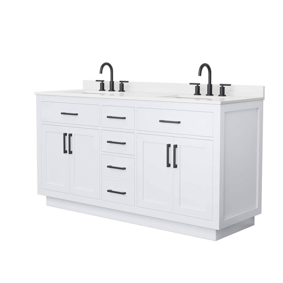 Wyndham Collection Beckett TK 66" Double Bathroom Vanity With Toe Kick in White, White Quartz Countertop, Undermount Square Sinks (3-Hole), Matte Black Trim