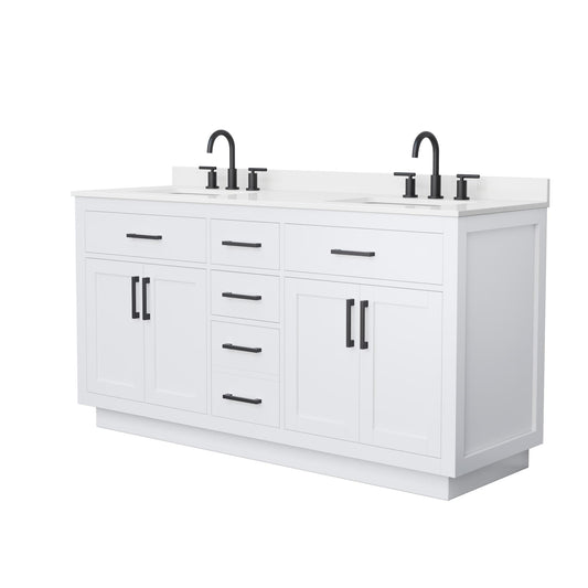 Wyndham Collection Beckett TK 66" Double Bathroom Vanity With Toe Kick in White, White Quartz Countertop, Undermount Square Sinks (3-Hole), Matte Black Trim