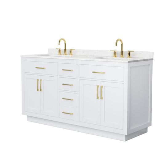 Wyndham Collection Beckett TK 66" Double Bathroom Vanity With Toe Kick in White, Carrara Cultured Marble Countertop, Undermount Square Sinks (3-Hole), Brushed Gold Trim