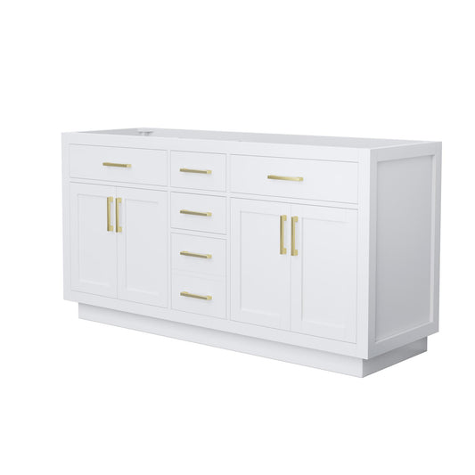 Wyndham Collection Beckett TK 66" Double Bathroom Vanity With Toe Kick in White, No Countertop, No Sinks, Brushed Gold Trim