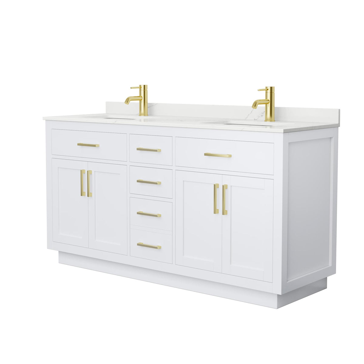 Wyndham Collection Beckett TK 66" Double Bathroom Vanity With Toe Kick in White, Giotto Quartz Countertop, Undermount Square Sinks (1-Hole), Brushed Gold Trim