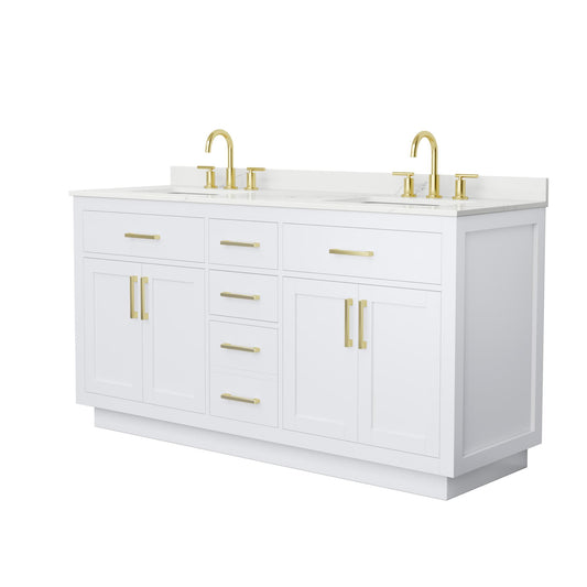 Wyndham Collection Beckett TK 66" Double Bathroom Vanity With Toe Kick in White, Giotto Quartz Countertop, Undermount Square Sinks (3-Hole), Brushed Gold Trim