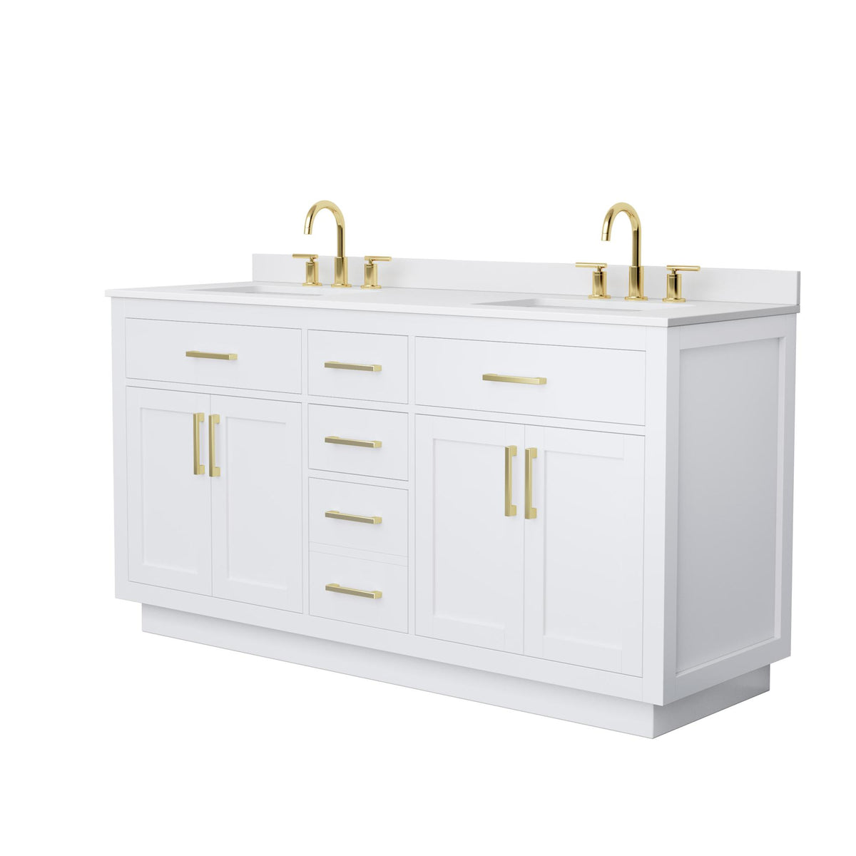 Wyndham Collection Beckett TK 66" Double Bathroom Vanity With Toe Kick in White, White Cultured Marble Countertop, Undermount Square Sinks (3-Hole), Brushed Gold Trim