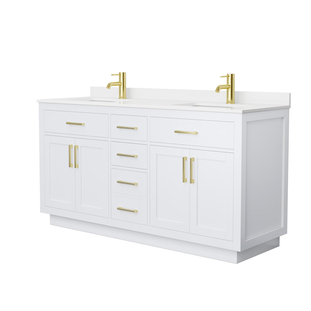 Wyndham Collection Beckett TK 66" Double Bathroom Vanity With Toe Kick in White, White Quartz Countertop, Undermount Square Sinks (1-Hole), Brushed Gold Trim