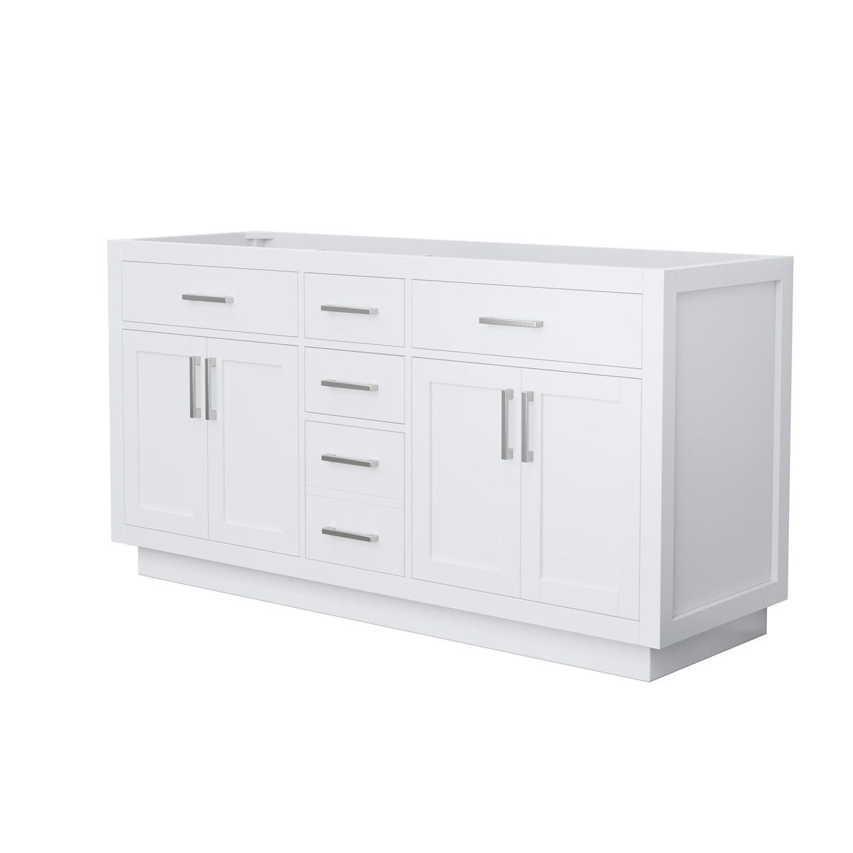 Wyndham Collection Beckett TK 66" Double Bathroom Vanity With Toe Kick in White, No Countertop, No Sinks, Brushed Nickel Trim