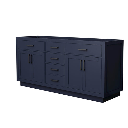 Wyndham Collection Beckett TK 72" Double Bathroom Vanity With Toe Kick in Dark Blue, No Countertop, No Sinks, Matte Black Trim
