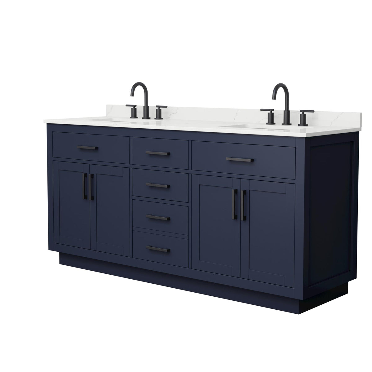Wyndham Collection Beckett TK 72" Double Bathroom Vanity With Toe Kick in Dark Blue, Giotto Quartz Countertop, Undermount Square Sinks (3-Hole), Matte Black Trim