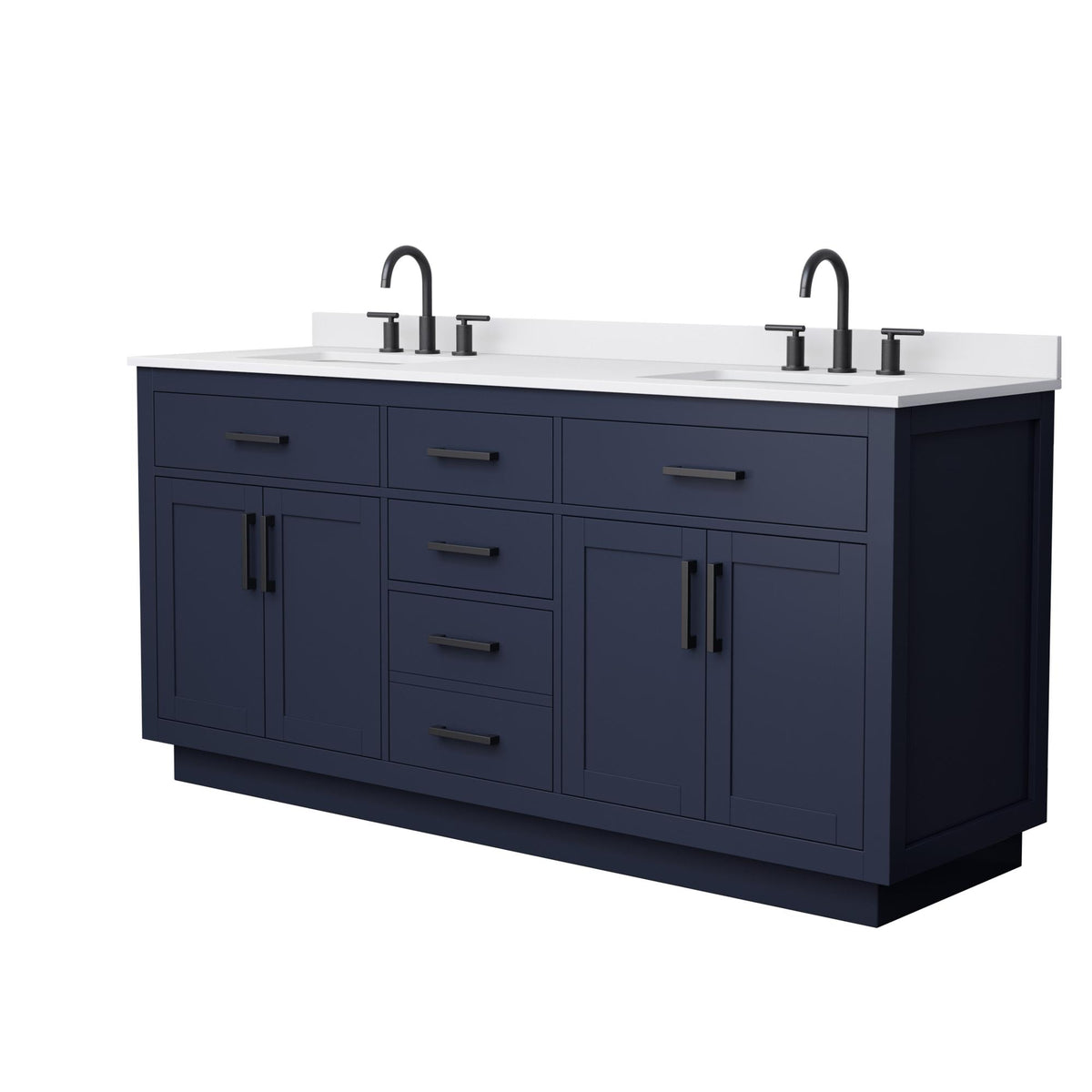 Wyndham Collection Beckett TK 72" Double Bathroom Vanity With Toe Kick in Dark Blue, White Cultured Marble Countertop, Undermount Square Sinks (3-Hole), Matte Black Trim