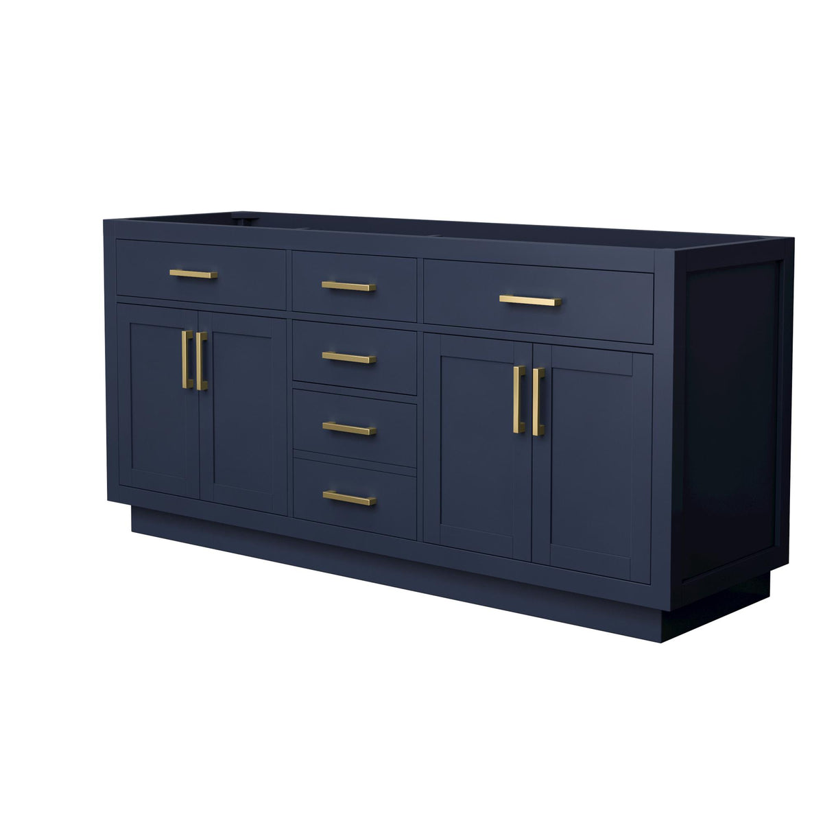 Wyndham Collection Beckett TK 72" Double Bathroom Vanity With Toe Kick in Dark Blue, No Countertop, No Sinks, Brushed Gold Trim
