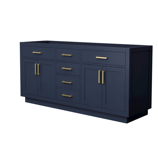 Wyndham Collection Beckett TK 72" Double Bathroom Vanity With Toe Kick in Dark Blue, No Countertop, No Sinks, Brushed Gold Trim