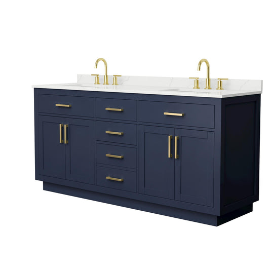 Wyndham Collection Beckett TK 72" Double Bathroom Vanity With Toe Kick in Dark Blue, Giotto Quartz Countertop, Undermount Square Sinks (3-Hole), Brushed Gold Trim