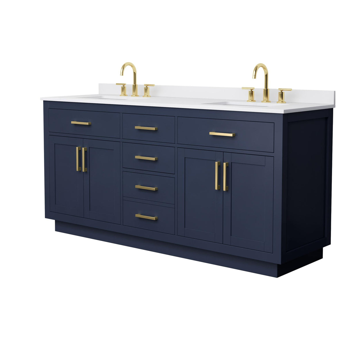 Wyndham Collection Beckett TK 72" Double Bathroom Vanity With Toe Kick in Dark Blue, White Cultured Marble Countertop, Undermount Square Sinks (3-Hole), Brushed Gold Trim