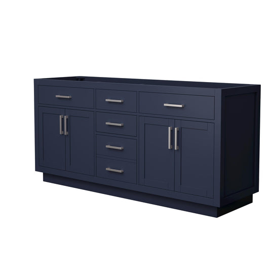 Wyndham Collection Beckett TK 72" Double Bathroom Vanity With Toe Kick in Dark Blue, No Countertop, No Sinks, Brushed Nickel Trim