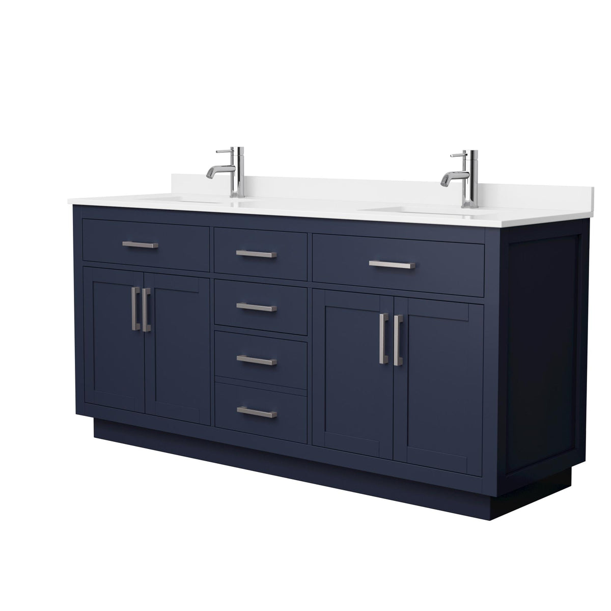 Wyndham Collection Beckett TK 72" Double Bathroom Vanity With Toe Kick in Dark Blue, White Quartz Countertop, Undermount Square Sinks (1-Hole), Brushed Nickel Trim