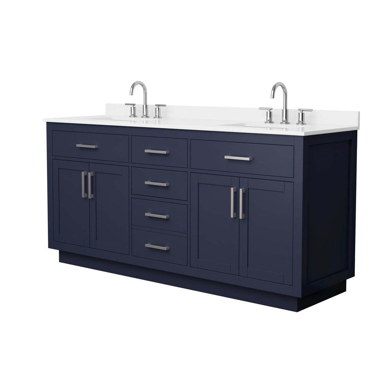 Wyndham Collection Beckett TK 72" Double Bathroom Vanity With Toe Kick in Dark Blue, White Quartz Countertop, Undermount Square Sinks (3-Hole), Brushed Nickel Trim