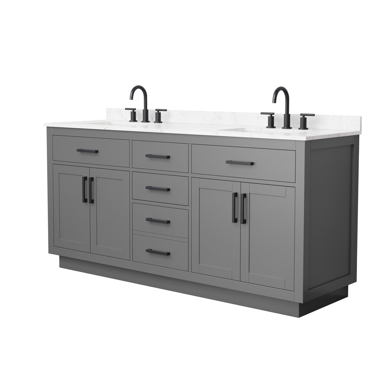 Wyndham Collection Beckett TK 72" Double Bathroom Vanity With Toe Kick in Dark Gray, Carrara Cultured Marble Countertop, Undermount Square Sinks (3-Hole), Matte Black Trim